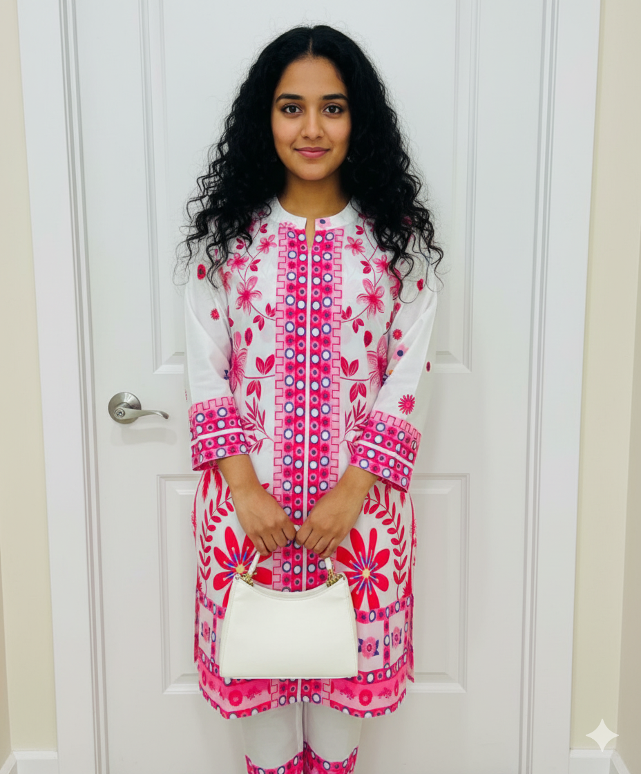 Pink Motif Two-Piece Lawn Dress