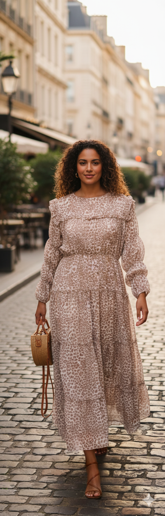 White Summer Frock with Light Brown Patterns