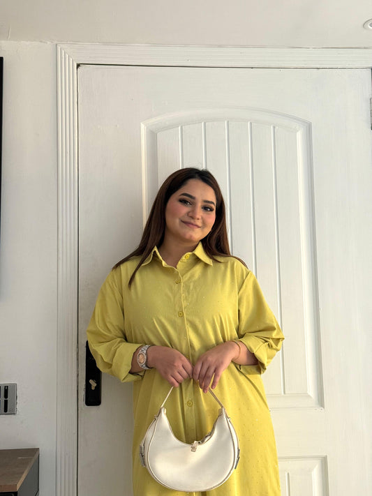 Yellow-Greenish Western Long Dress with Stone Embellishments