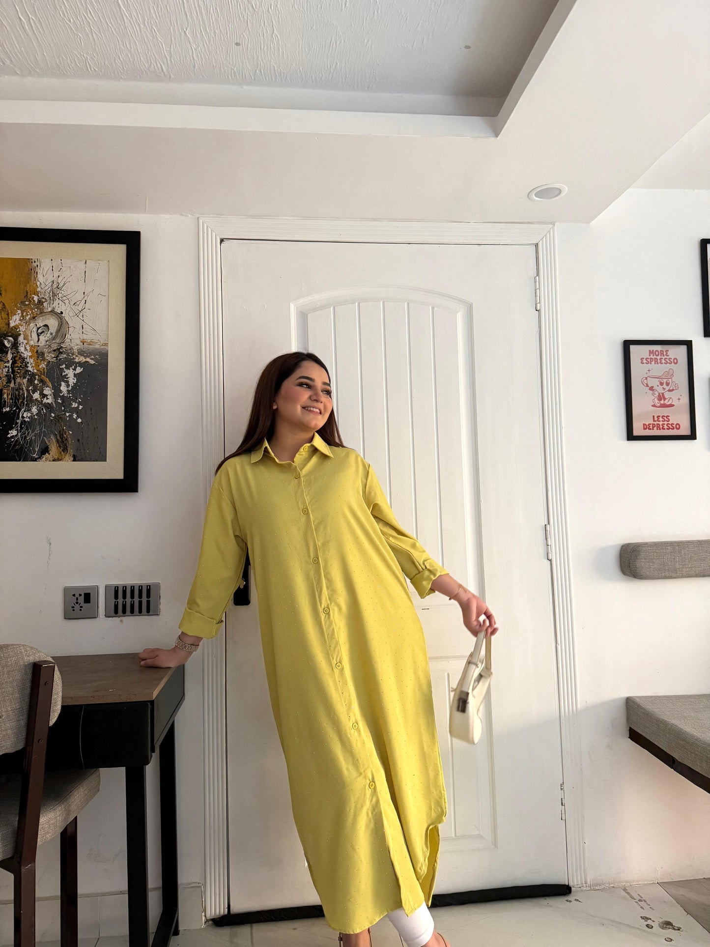 Yellow-Greenish Western Long Dress with Stone Embellishments