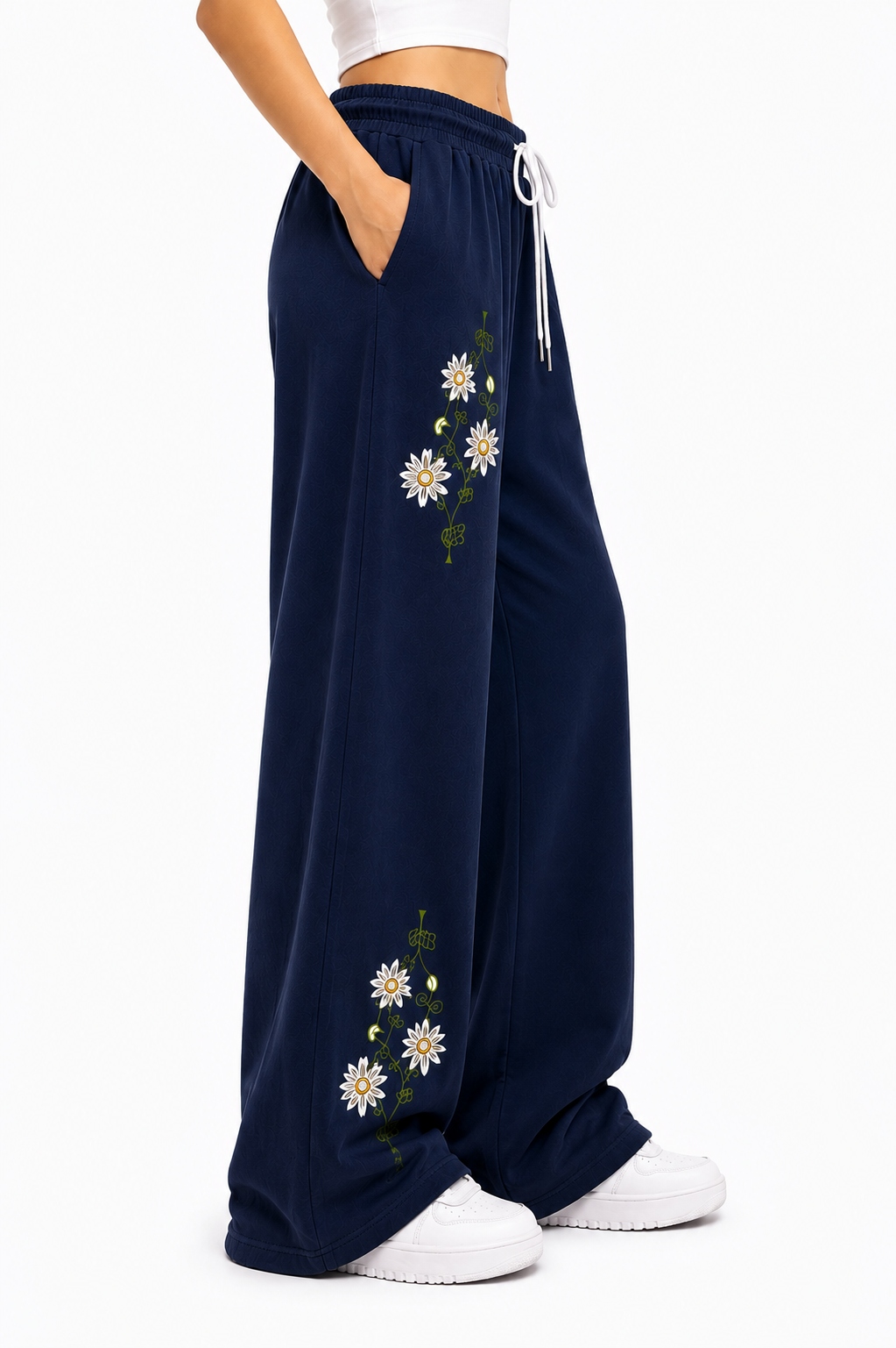 Floral Embroidered Wide Leg Pants – Blue