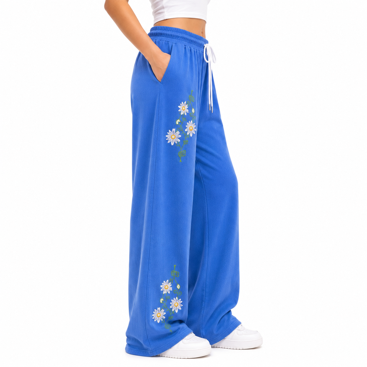 Floral Embroidered Wide Leg Pants – Blue