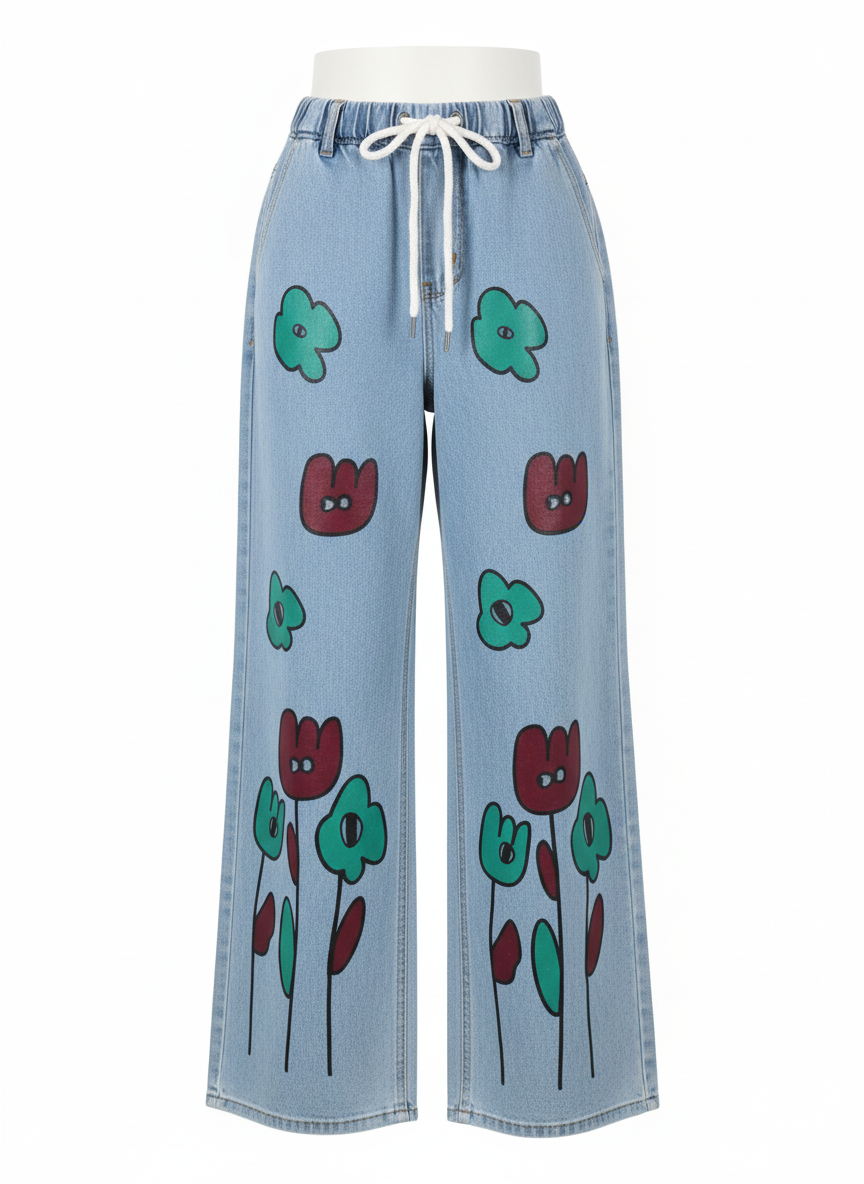 Stretchable Floral Print Wide-Leg Jeans