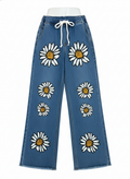 Sunflower Printed Stretchable Wide-Leg Jeans