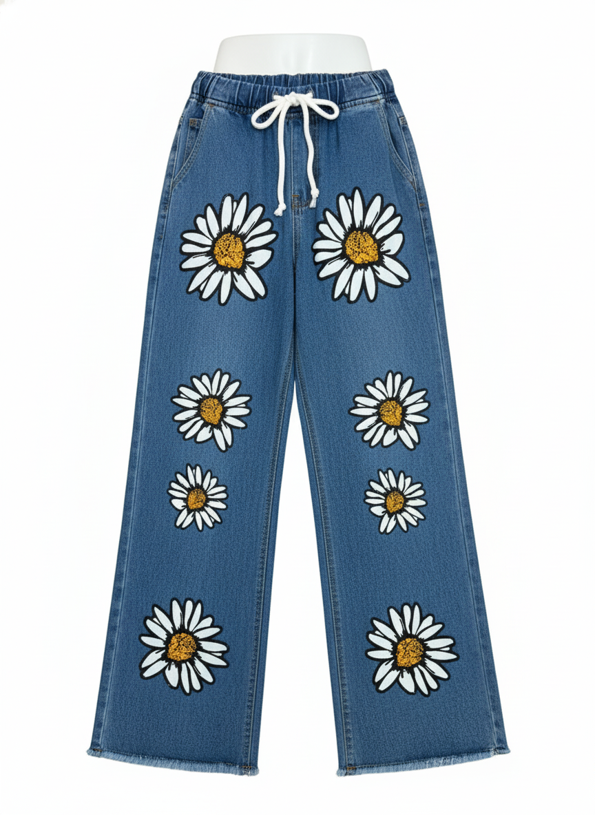 Sunflower Printed Stretchable Wide-Leg Jeans