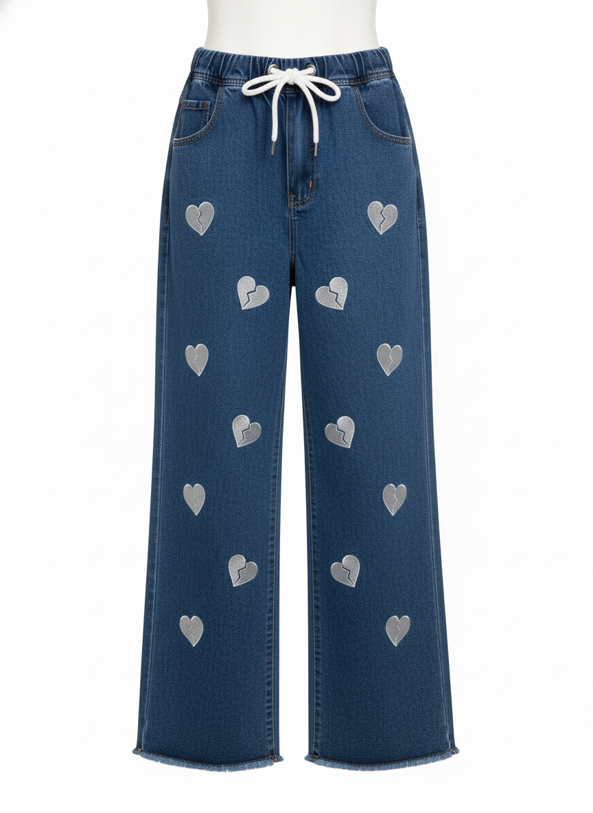 Stretchable Heart Print Wide-Leg Jeans