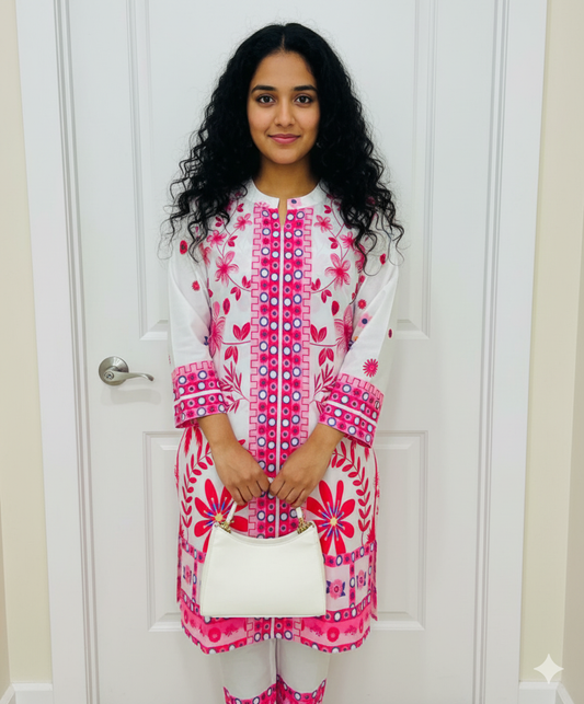 Pink Motif Two-Piece Lawn Dress