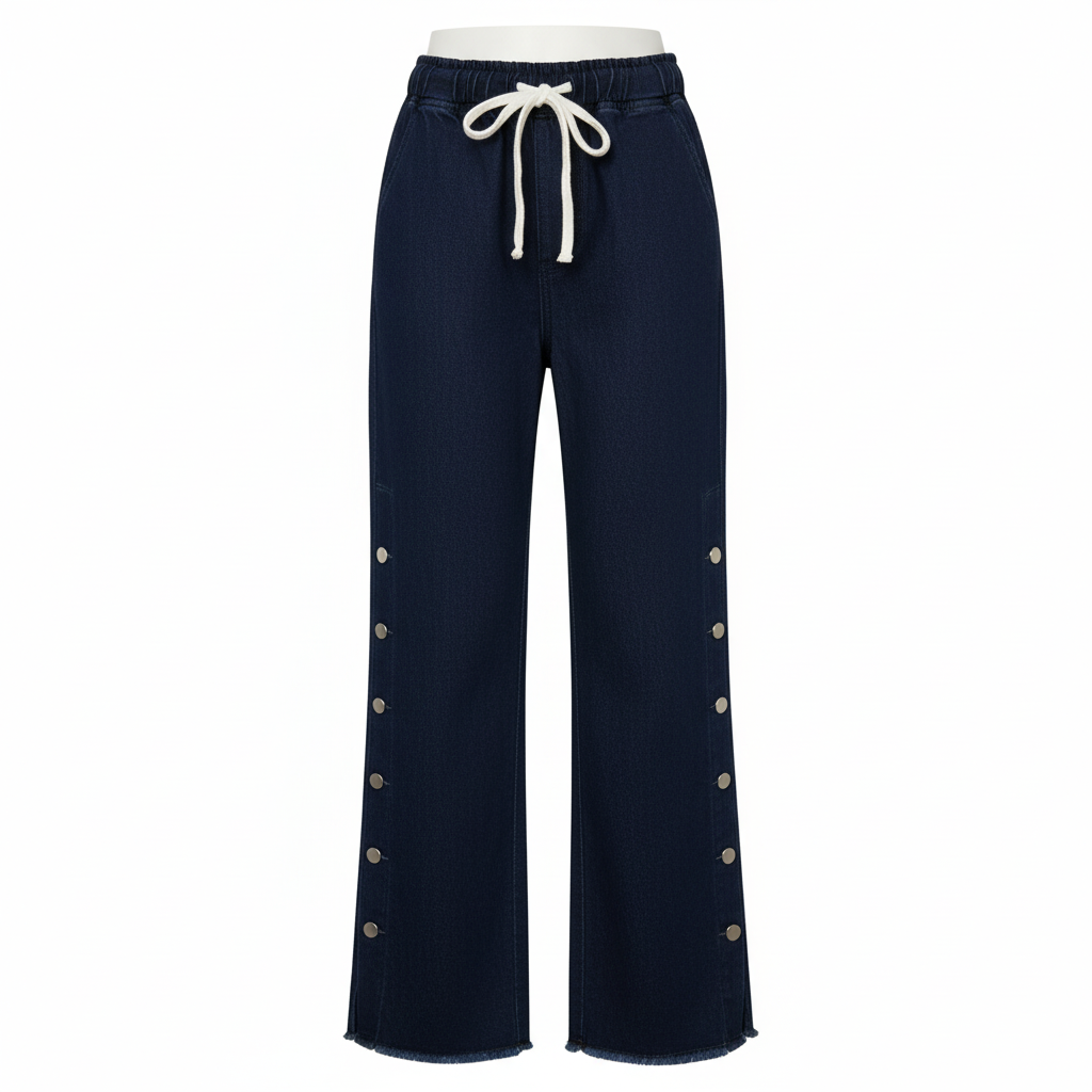 Stretchable Side Button Wide-Leg Jeans