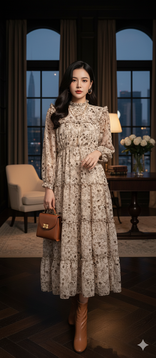 Brown Floral Long Summer Frock
