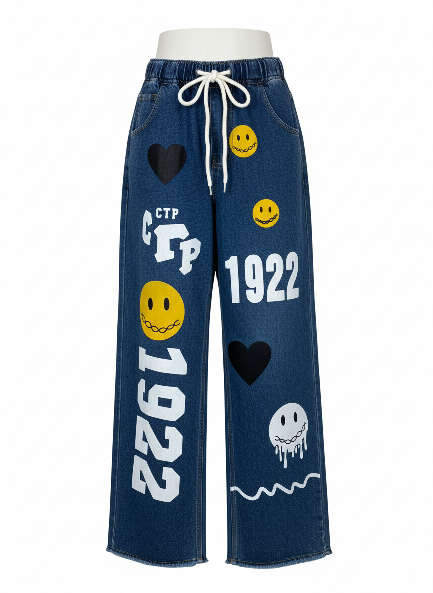 Stretchable Text & Emoji Print Wide-Leg Jeans