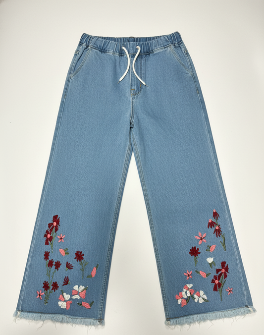 Stretchable Flared Embroidered Floral Denim Jeans for Women