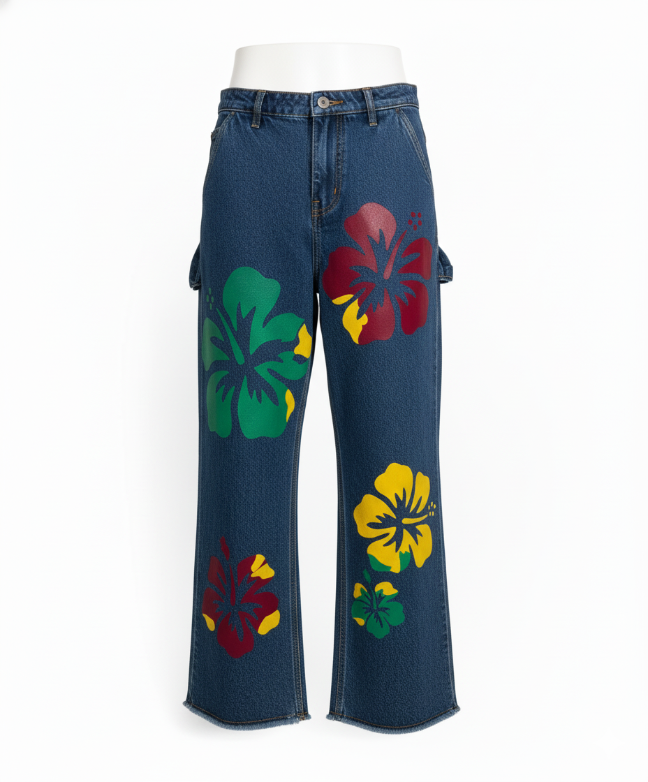 Flower Printed Wide-Leg Denim Jeans