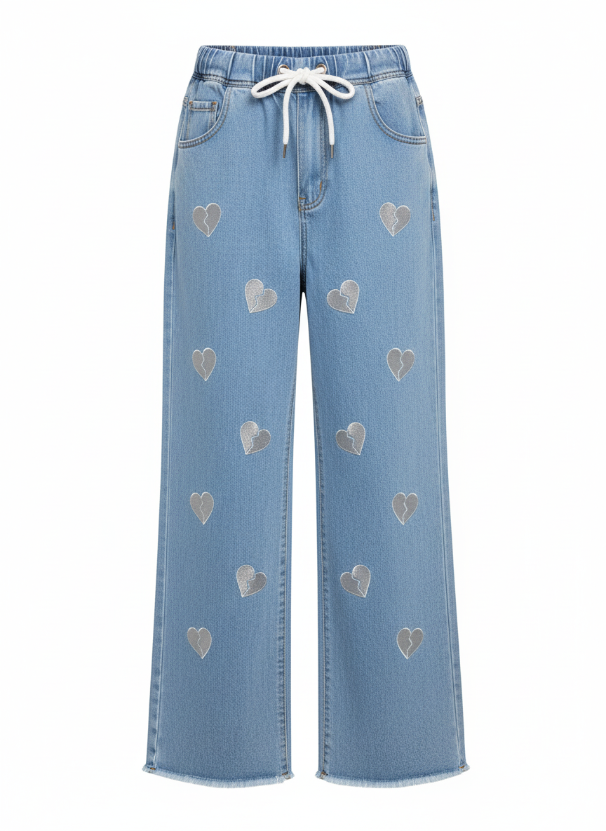 Stretchable Heart Print Wide-Leg Jeans