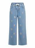 Stretchable Heart Print Wide-Leg Jeans