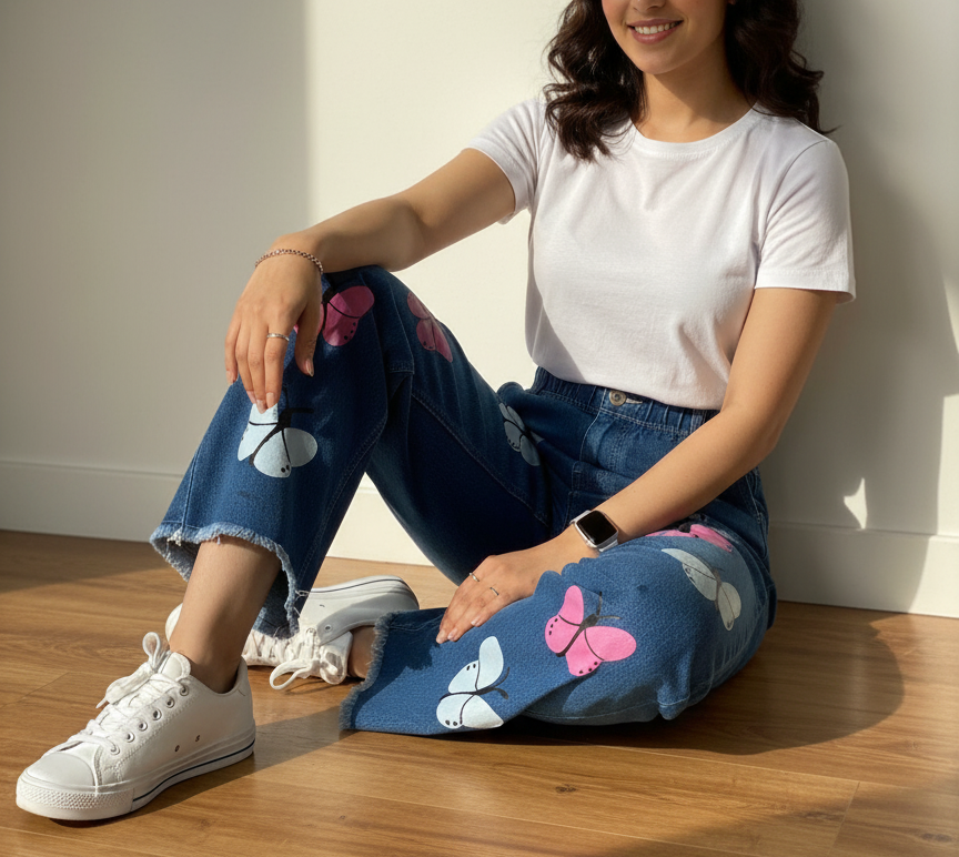 Stretchable Flared Butterfly Print Denim Jeans for Women