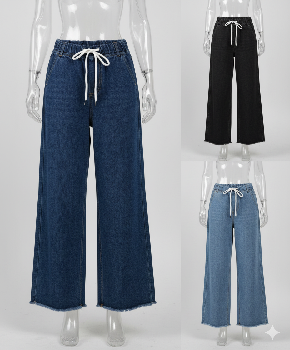 Plain Elastic Waist Wide-Leg Jeans