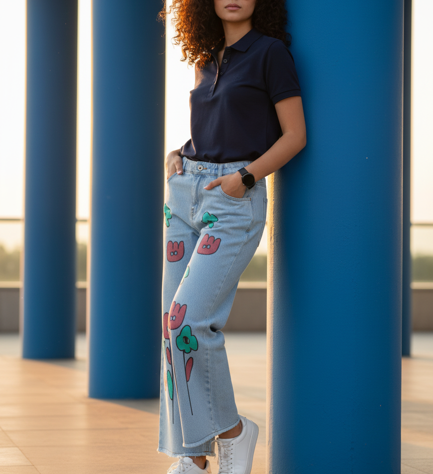 Stretchable Flared Emoji Printed Denim Jeans for Women
