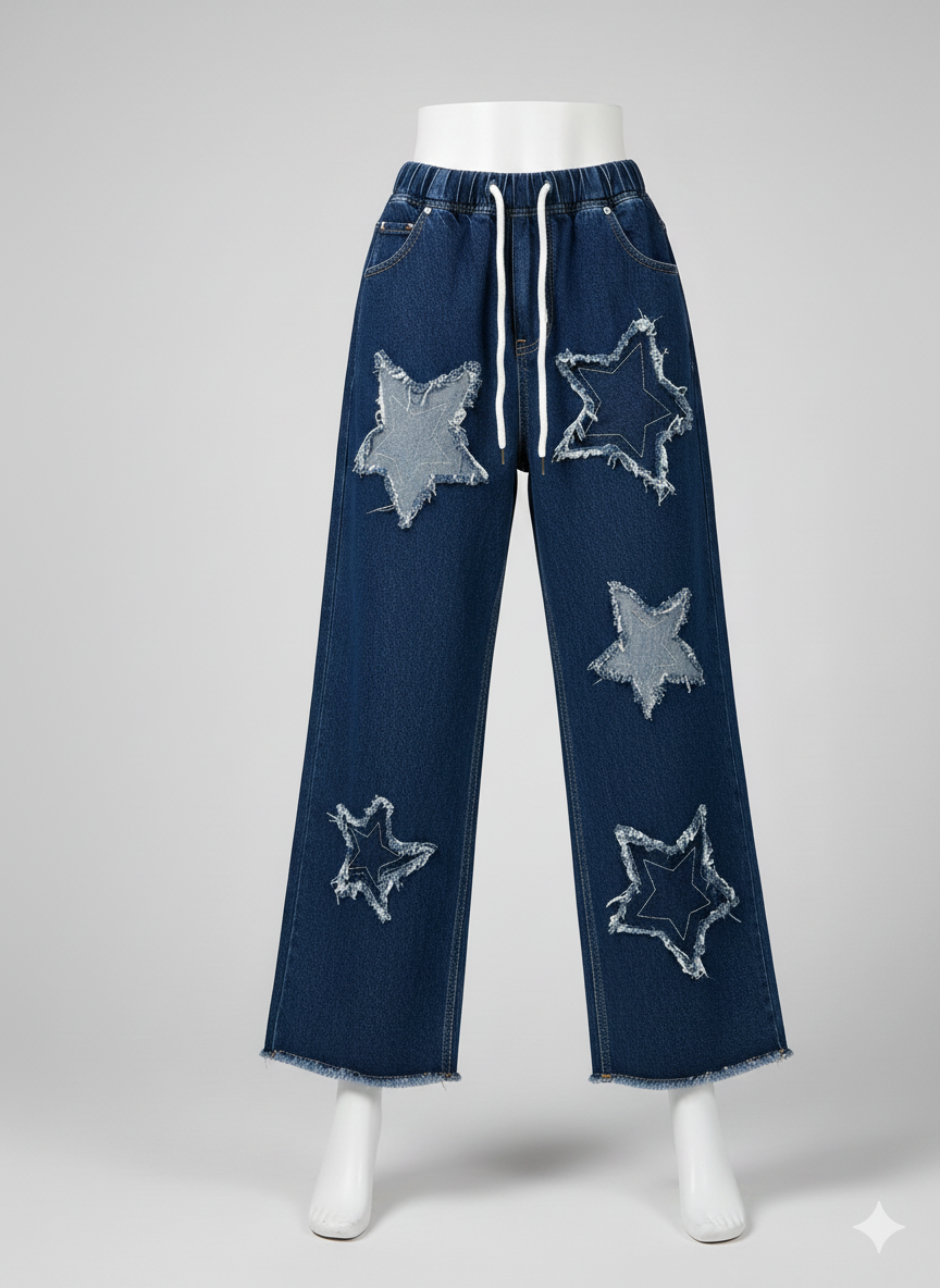 Stretchable Star Patch Wide-Leg Jeans