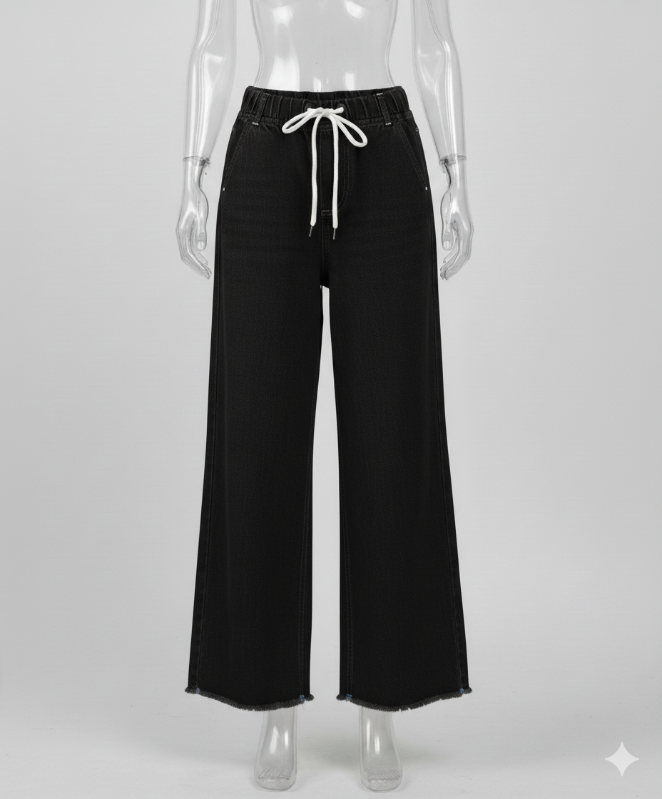 Plain Elastic Waist Wide-Leg Jeans