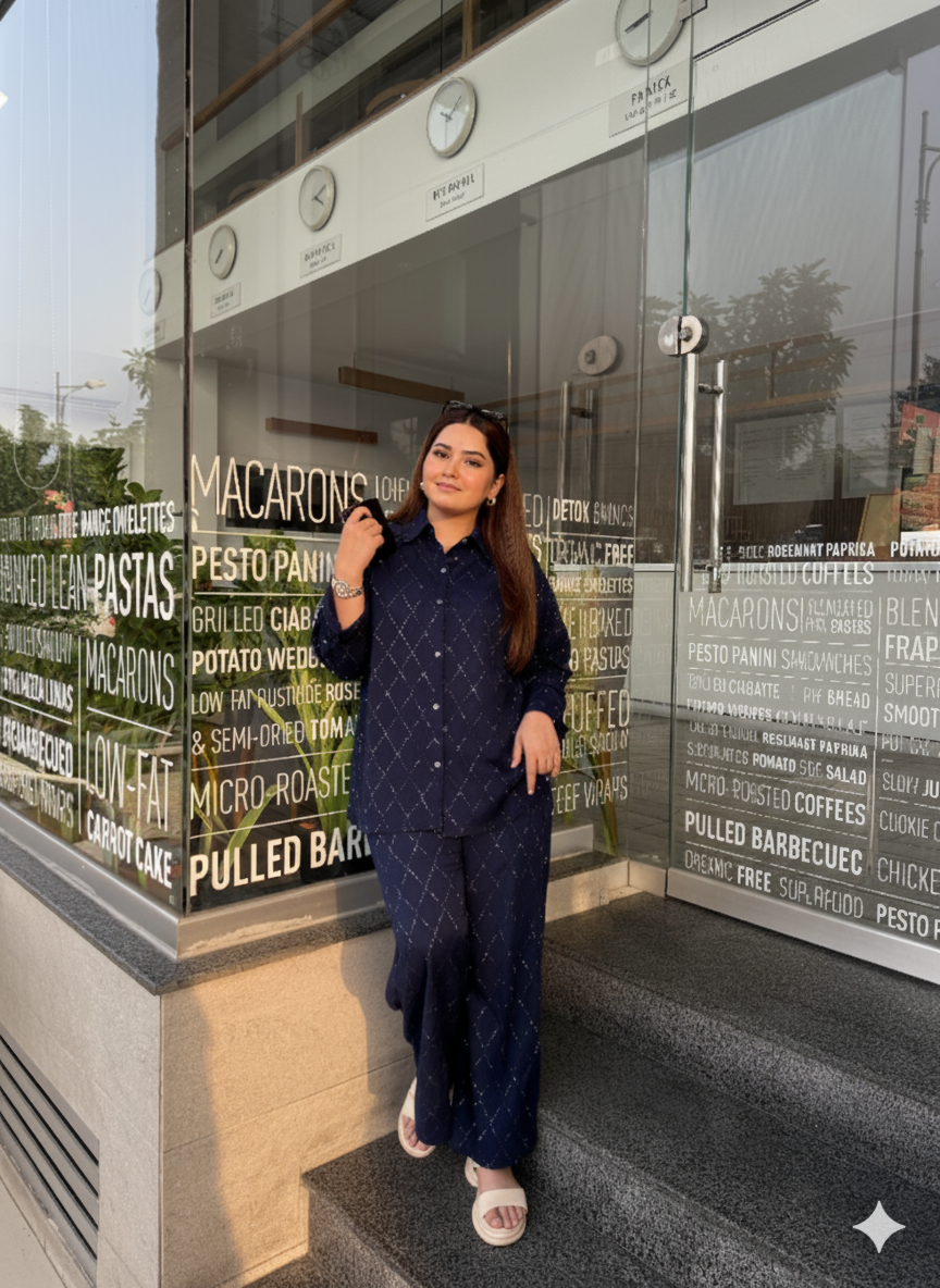 Deep Blue Embellished Co-ord Set with Sequin Detailing