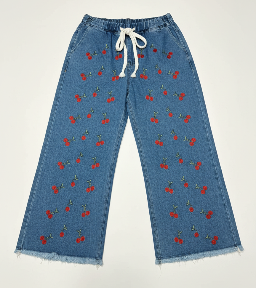 Stretchable Flared Cherry Printed Denim Jeans for Women