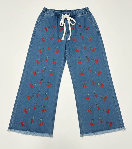 Stretchable Flared Cherry Printed Denim Jeans for Women