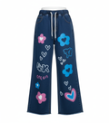 Heart Printed Stretchable Wide-Leg Denim Jeans