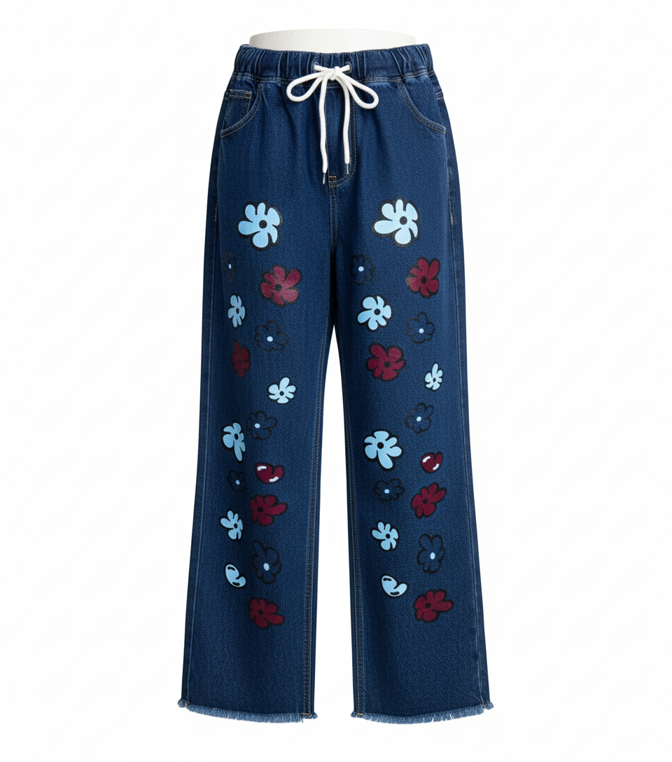 Stretchable Small Floral Print Wide-Leg Jeans