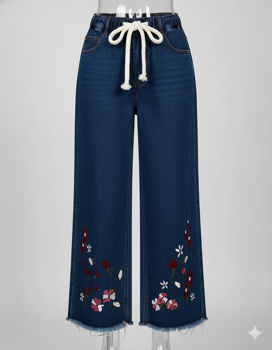 Bottom Embroidered Elastic Waist Wide-Leg Jeans