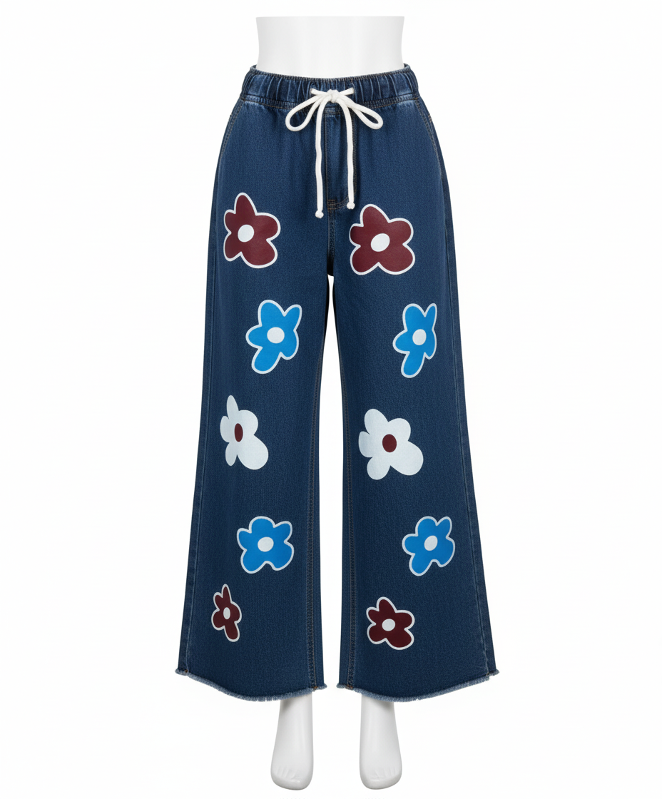 Stretchable Flower Print Wide-Leg Jeans