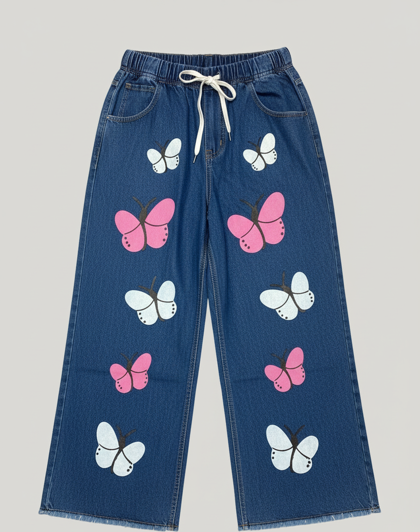 Stretchable Flared Butterfly Print Denim Jeans for Women
