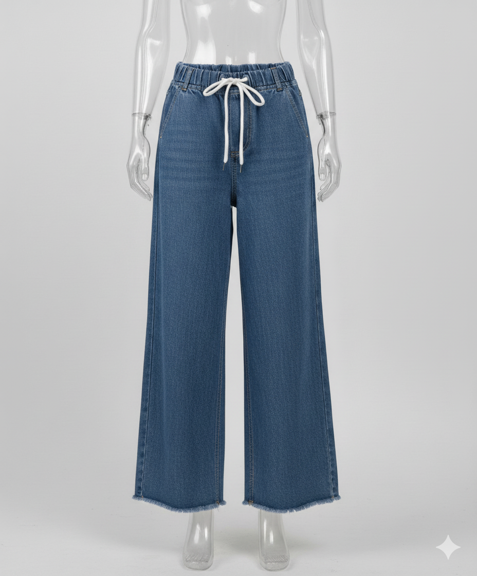 Plain Elastic Waist Wide-Leg Jeans