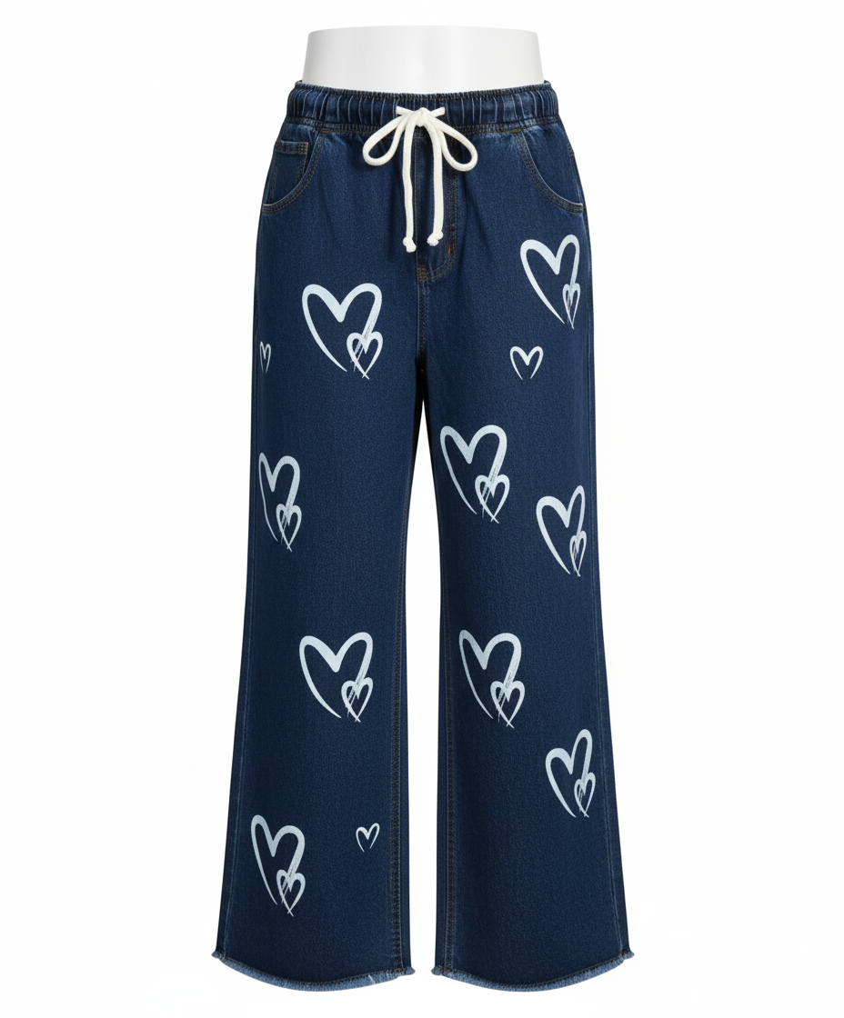 Stretchable Heart Print Wide-Leg Jeans