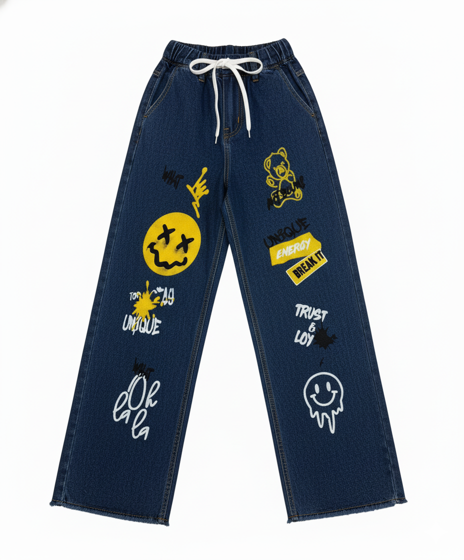 Emoji & Text Printed Stretchable Wide-Leg Jeans
