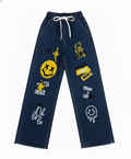 Emoji & Text Printed Stretchable Wide-Leg Jeans