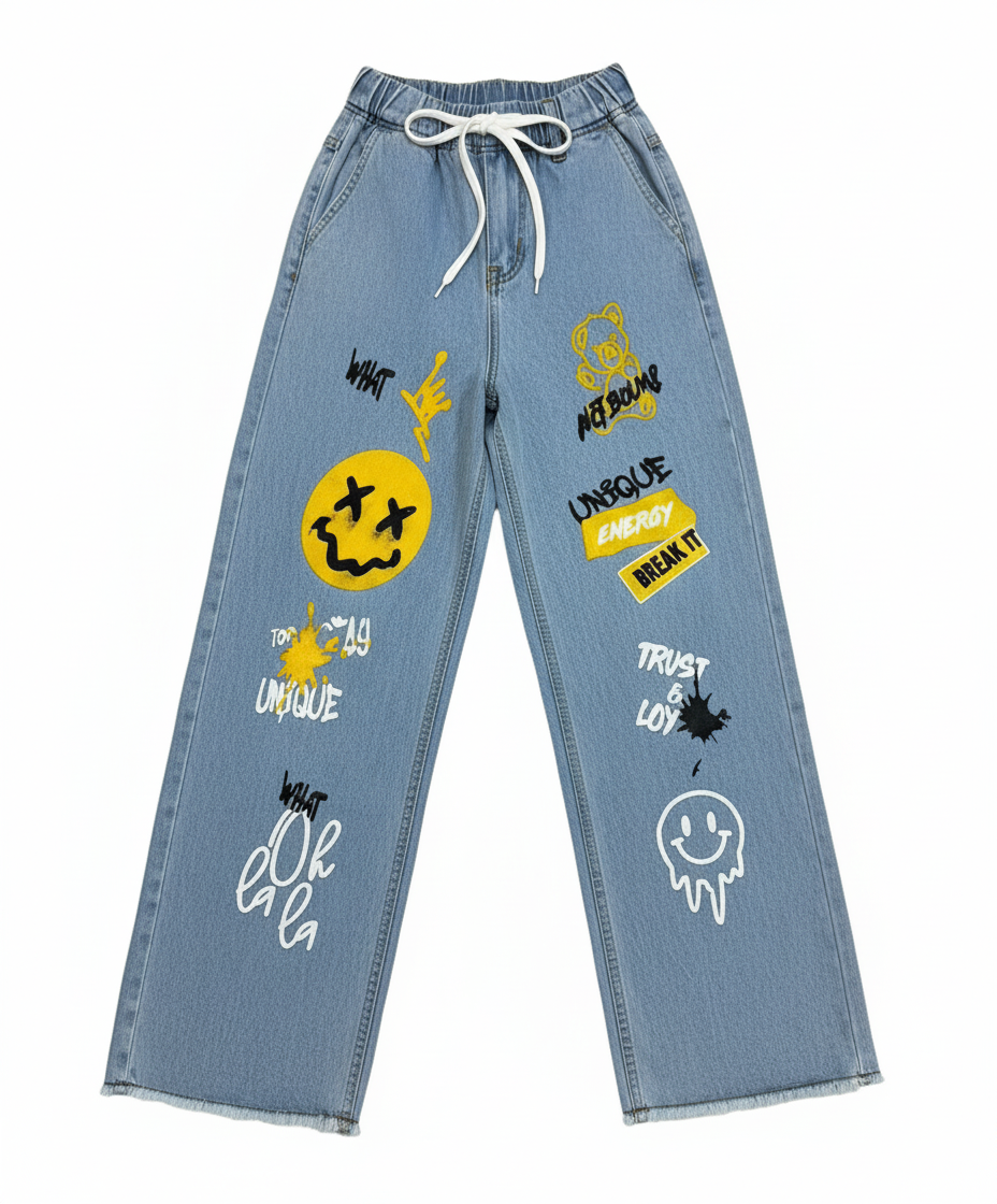 Emoji & Text Printed Stretchable Wide-Leg Jeans