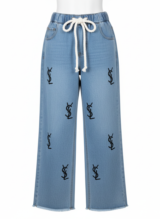 Stretchable Logo Print Wide-Leg Jeans
