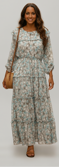 Woman wearing a floral dress with a plain background