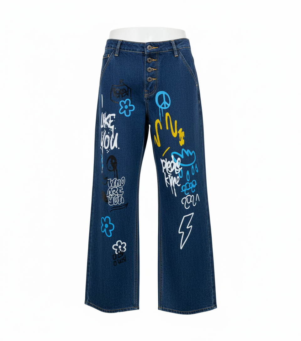 Funky Printed Wide-Leg Denim Jeans