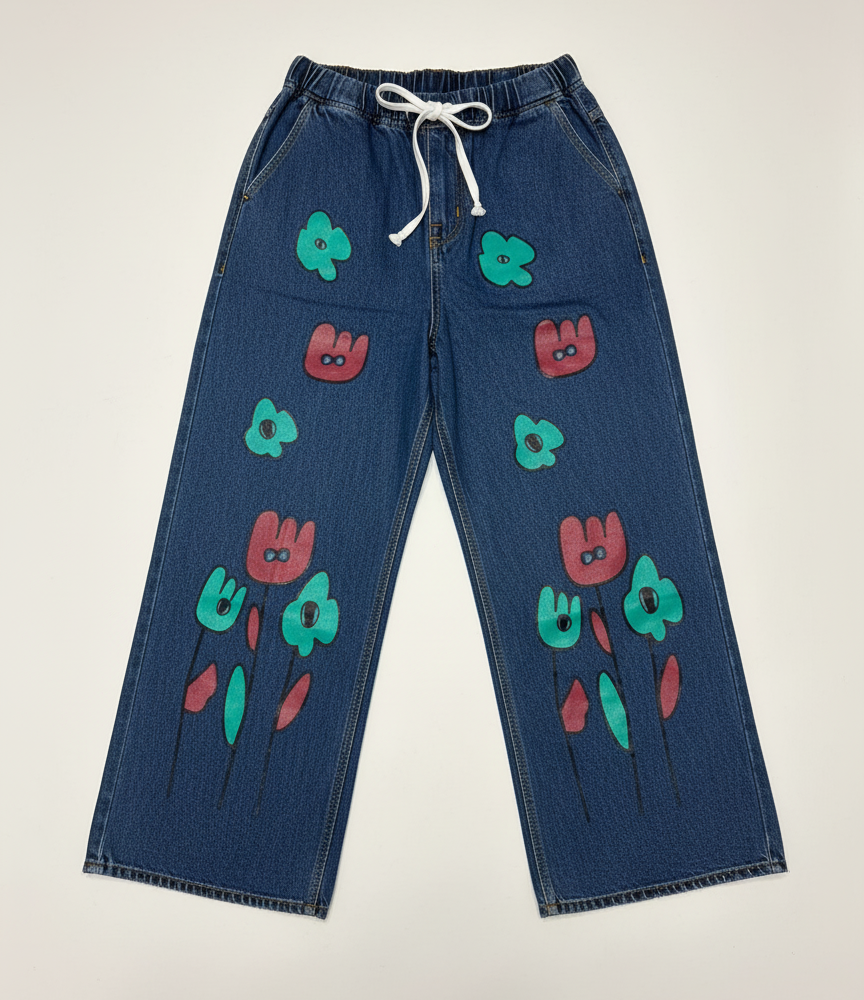 Stretchable Flared Emoji Printed Denim Jeans for Women