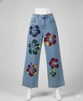 Flower Printed Wide-Leg Denim Jeans
