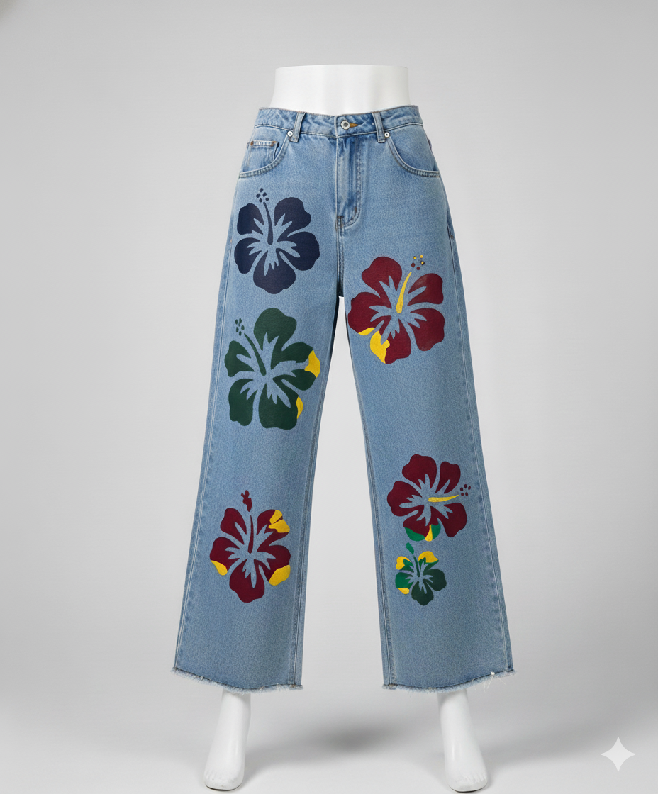Flower Printed Wide-Leg Denim Jeans