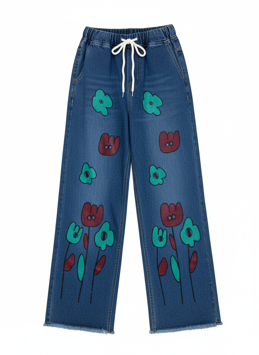Stretchable Floral Print Wide-Leg Jeans