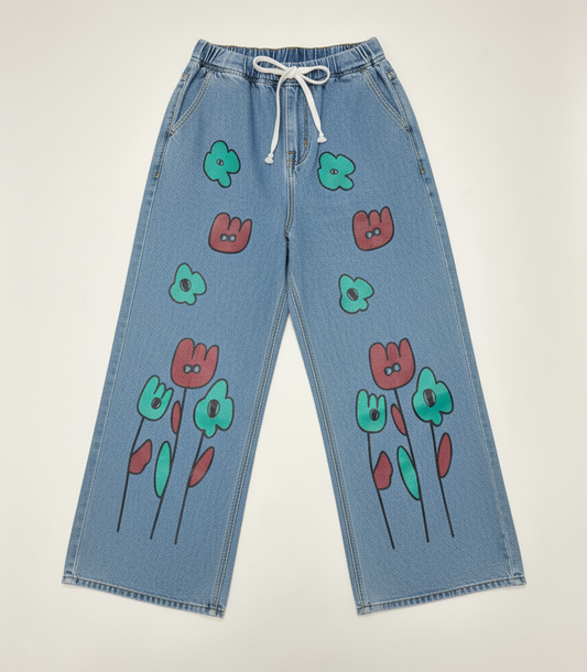 Stretchable Flared Emoji Printed Denim Jeans for Women