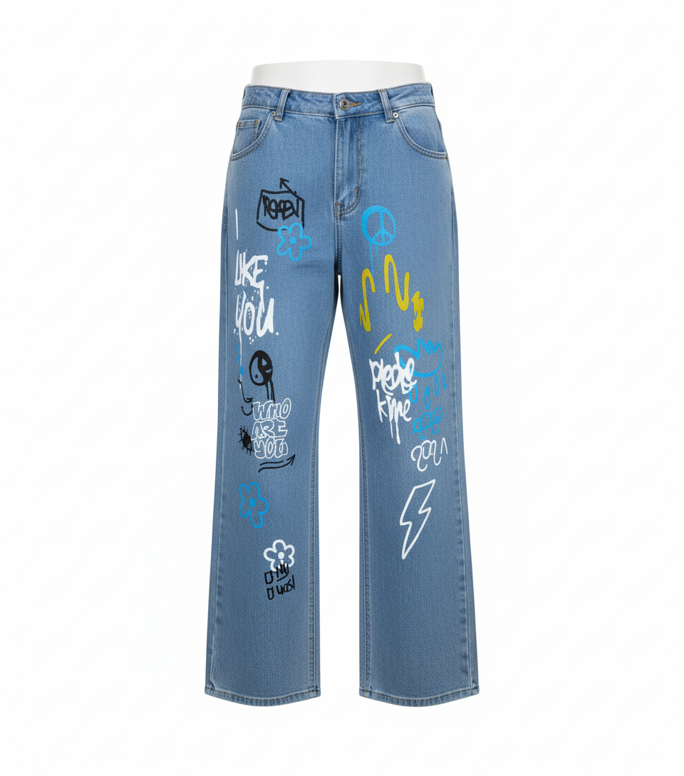 Funky Printed Wide-Leg Denim Jeans