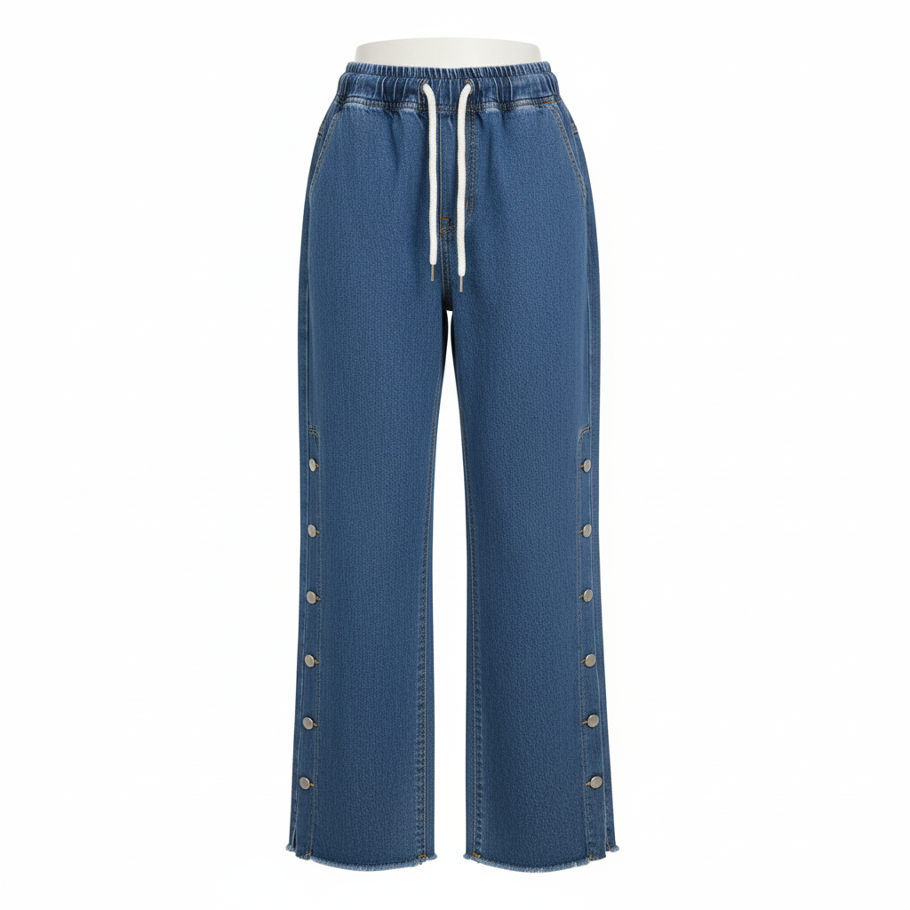 Stretchable Side Button Wide-Leg Jeans