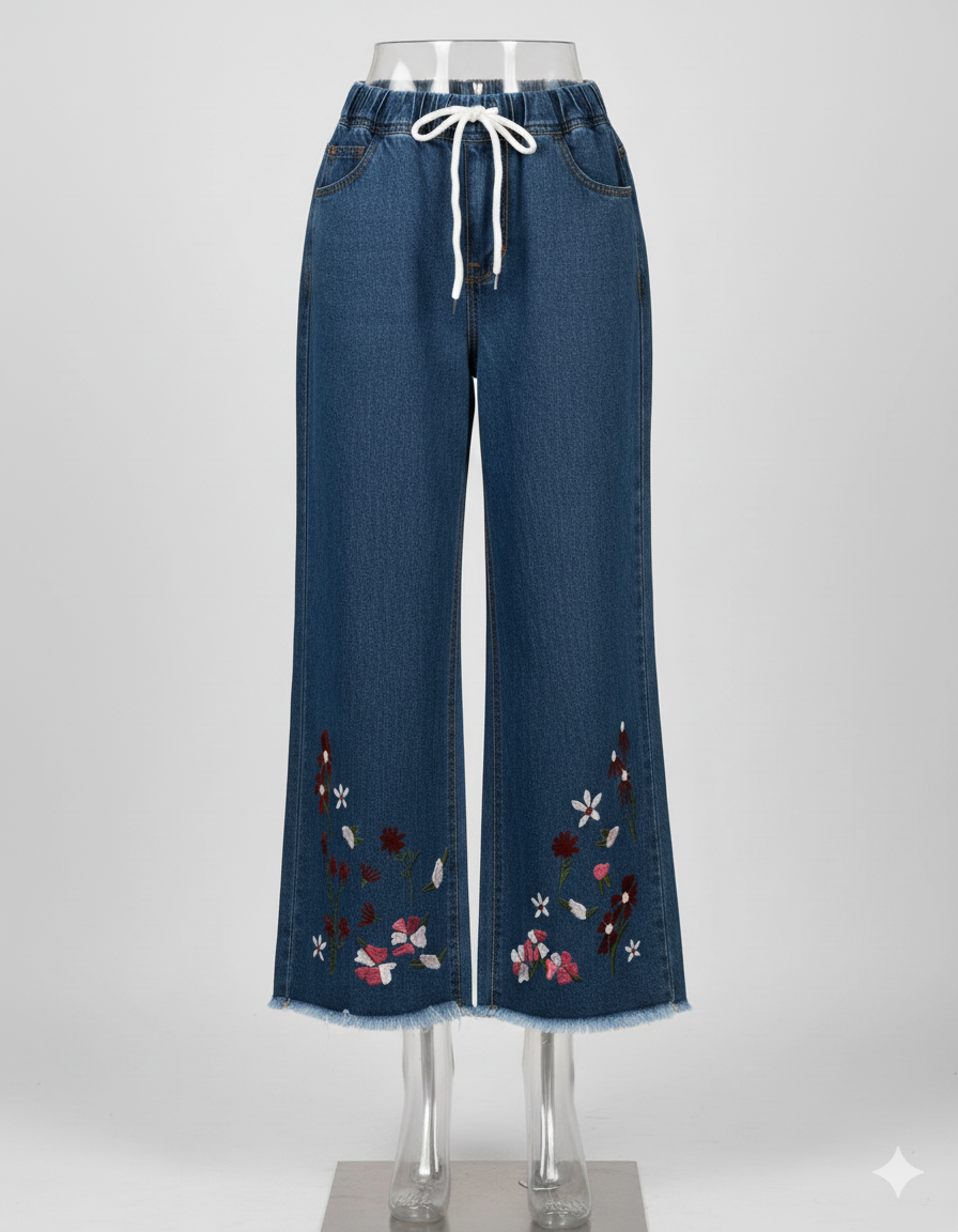 Bottom Embroidered Elastic Waist Wide-Leg Jeans