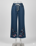 Bottom Embroidered Elastic Waist Wide-Leg Jeans