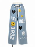 Stretchable Text & Emoji Print Wide-Leg Jeans