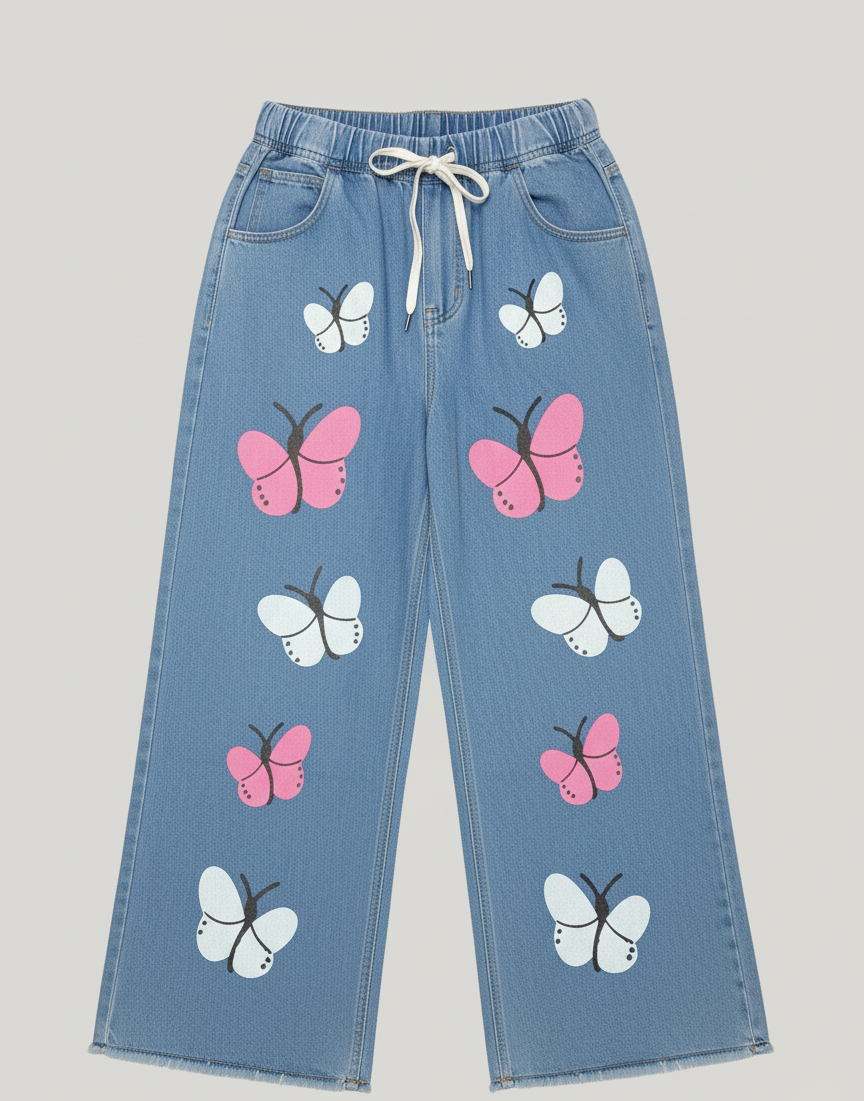Stretchable Flared Butterfly Print Denim Jeans for Women